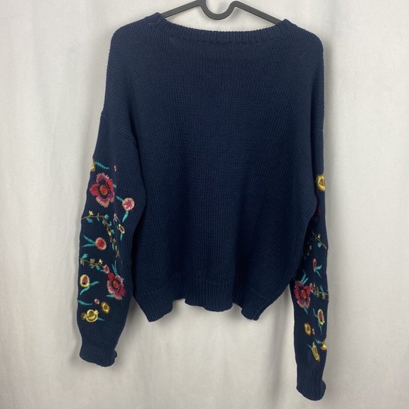 Anthropologie Cloth by RD Style Floral Embroidery Navy Blue Sweater - Size M - Picture 7 of 10